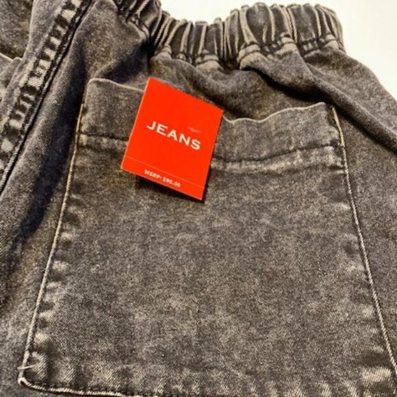 Black Jean Shorts Distressed Drawstring, Elastic Waist W/ Large Pockets - Picture 4 of 5